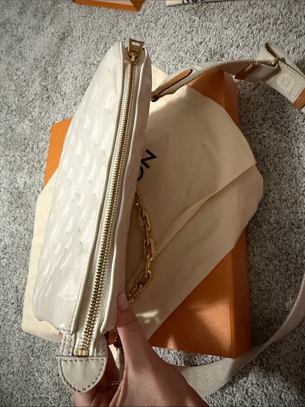 Louis Vuitton Cream Coussin PM Crossbody Bag with Gold Chain & adjustable strap